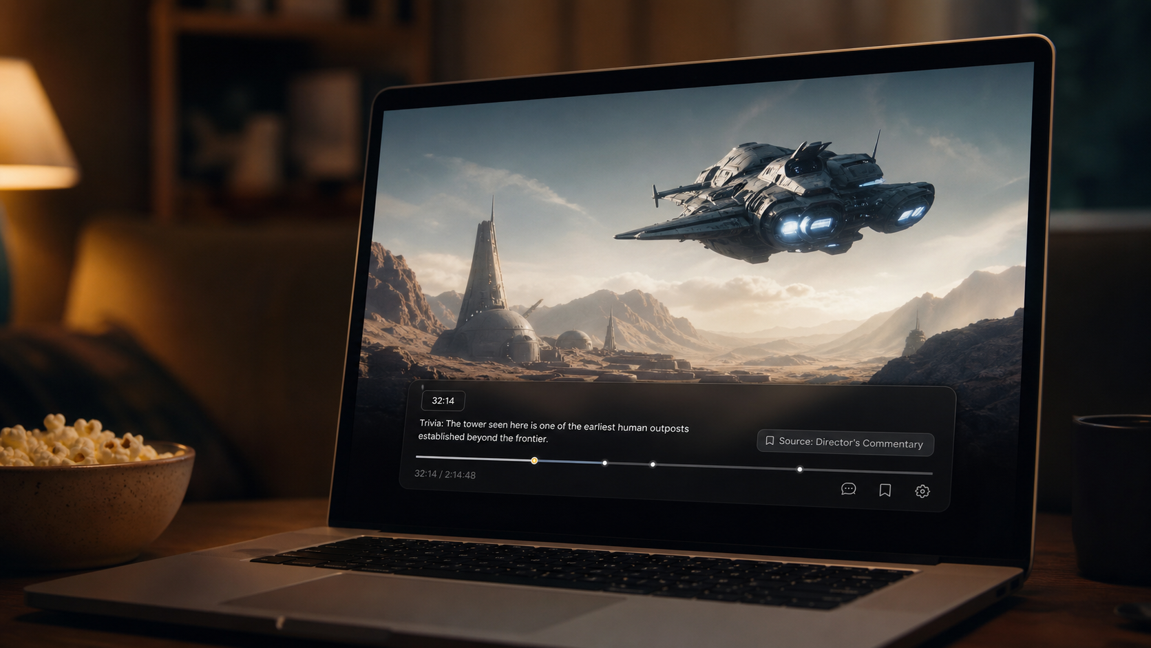 Laptop showing a fictional sci-fi movie scene with a trivia overlay.